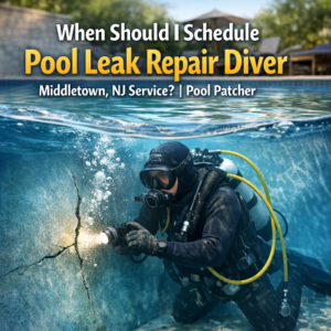 Professional diver repairing an underwater pool leak in Middletown, NJ, wearing safety gear and using repair tools.