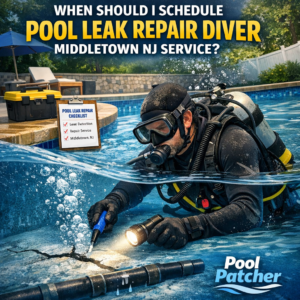 Professional diver inspecting an underwater pool for leak repair in Middletown, NJ.