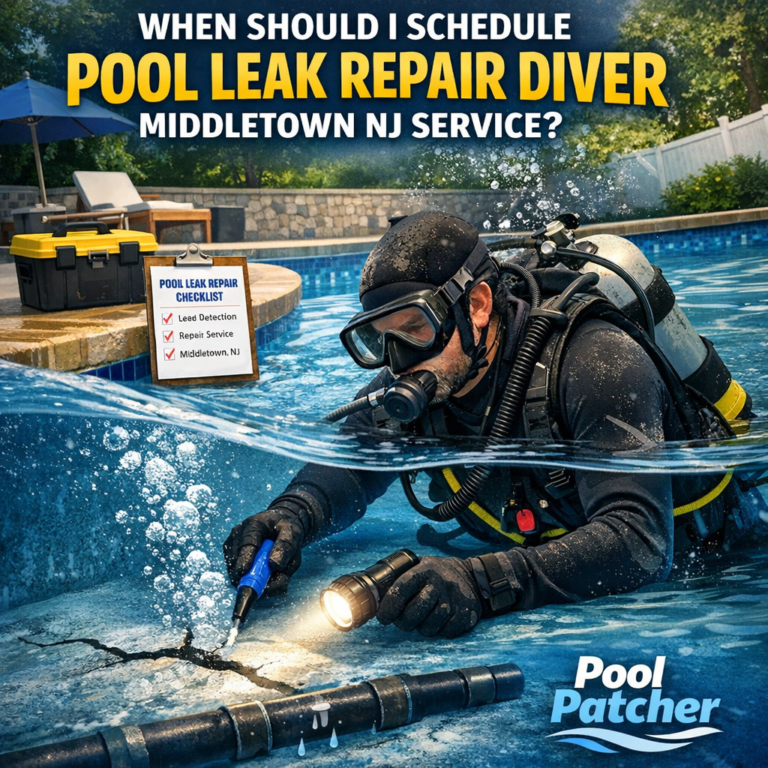 Professional diver inspecting an underwater pool for leak repair in Middletown, NJ.