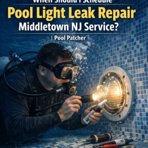 Professional diver repairing underwater pool light leak in a residential pool in Middletown, NJ.