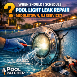 Technician repairing a pool light leak at night with glowing pool lights in Middletown, NJ.