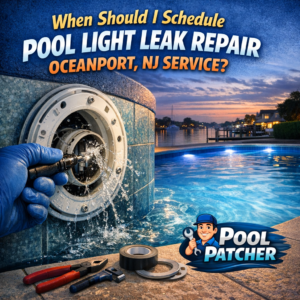 Close-up of pool light leak repair in progress with professional tools by a pool in Oceanport, NJ.