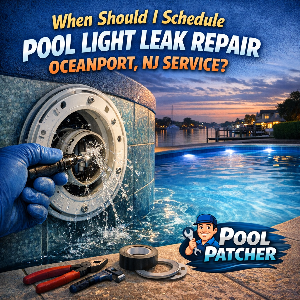 Close-up of pool light leak repair in progress with professional tools by a pool in Oceanport, NJ.