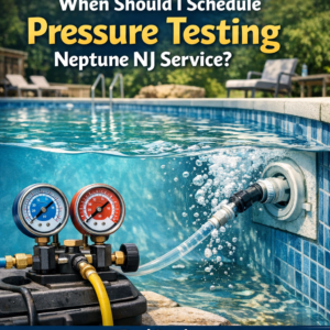 Technician performing pressure testing on swimming pool pipes in Neptune, NJ, with gauges and tools.