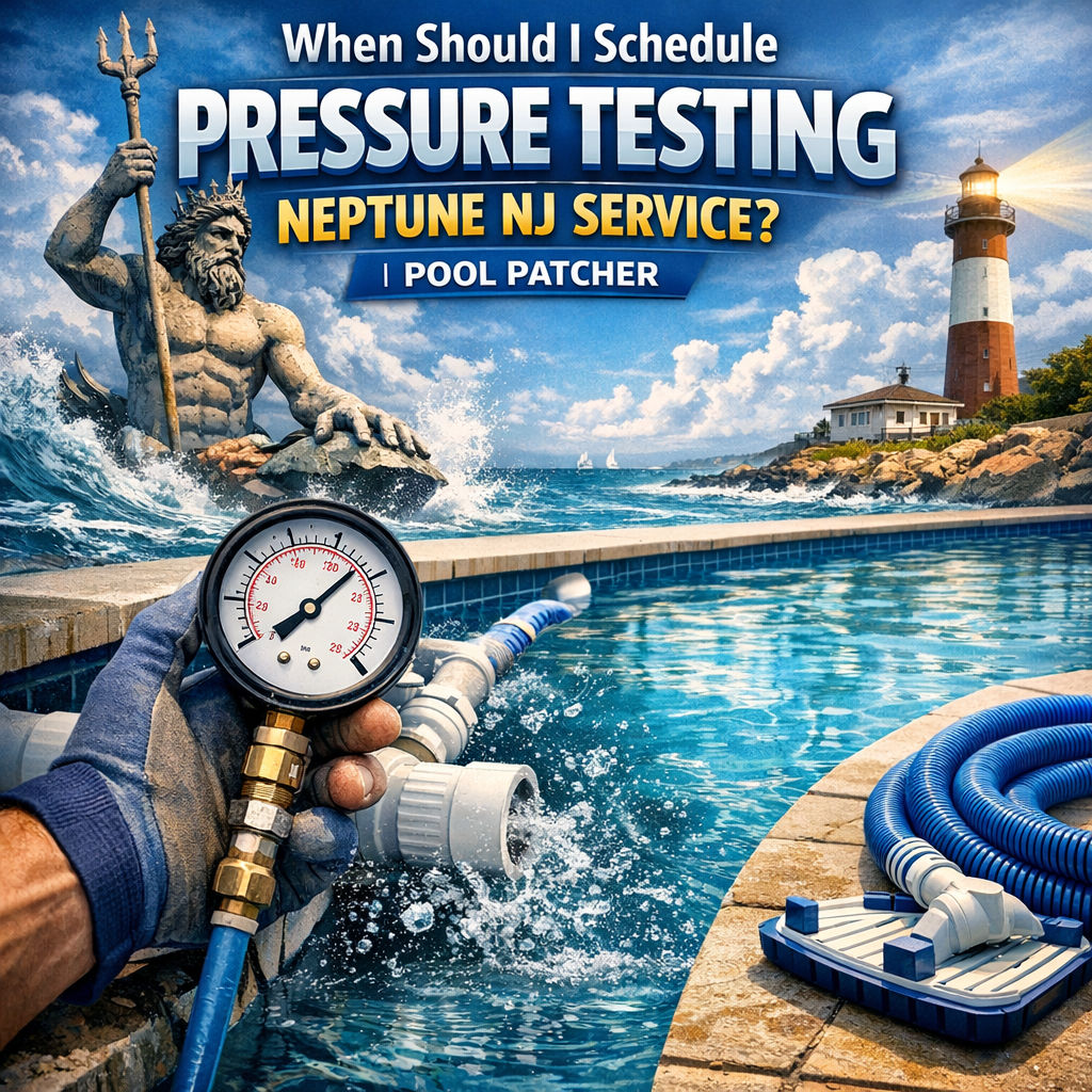 Advertisement for pressure testing pool maintenance in Neptune, NJ with a pool patcher and aquatic-themed design.