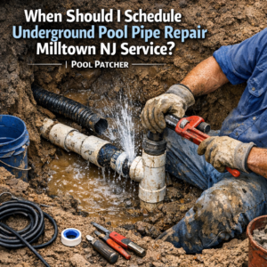 Professional technician repairing underground pool pipes with tools and pipes in Milltown, NJ.