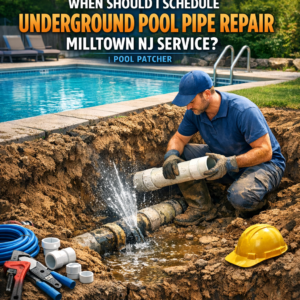 Technician repairing underground pool pipes with specialized equipment in a residential backyard in Milltown, NJ.