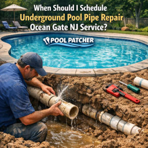 Technician repairing an underground pool pipe with soil and tools in Ocean Gate, NJ.