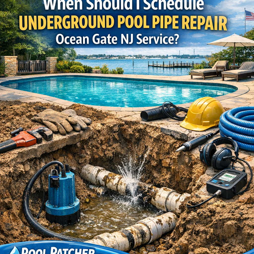 Tools and equipment for underground pool pipe repair laid out on grass in Ocean Gate, NJ.