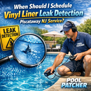 Technician using leak detection equipment on a vinyl liner swimming pool in Piscataway, NJ.
