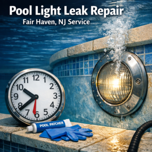 Close-up of pool light leak repair tools and illuminated underwater pool light in Fair Haven, NJ.