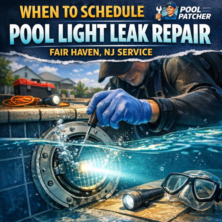 Underwater technician repairing a pool light leak in a residential pool in Fair Haven, NJ.