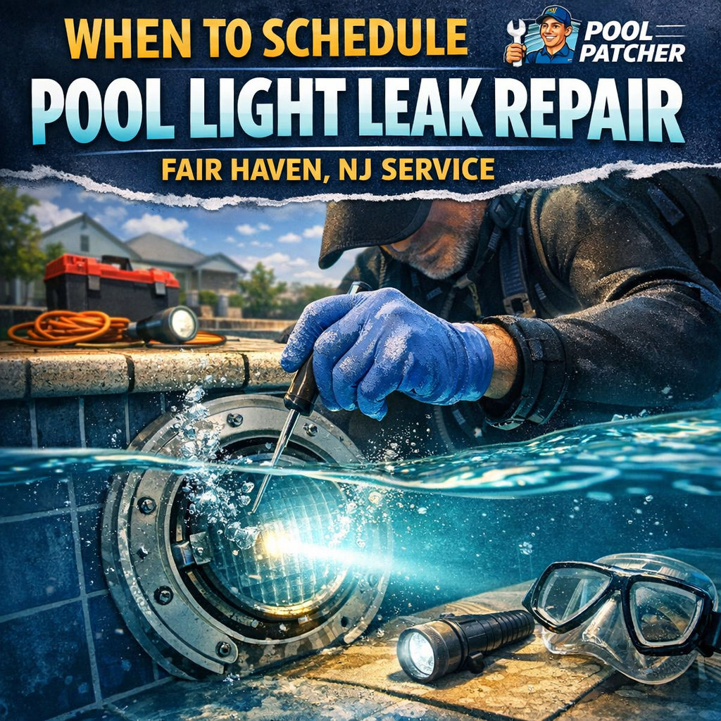 Underwater technician repairing a pool light leak in a residential pool in Fair Haven, NJ.