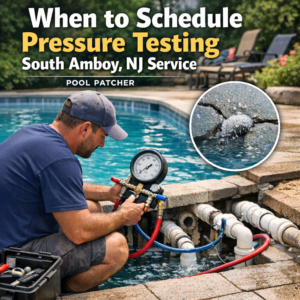 Technician performing professional pool pressure testing with equipment near a pool in South Amboy, NJ.