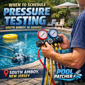 Technician performing pool pressure testing on pipes near a swimming pool in South Amboy, NJ.
