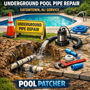 Professional plumber repairing underground pool pipes with tools and equipment in Eatontown, NJ.