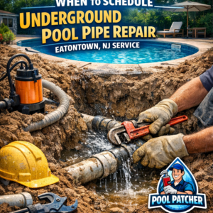 Professional plumber repairing underground pool pipe with tools and equipment in Eatontown, NJ.