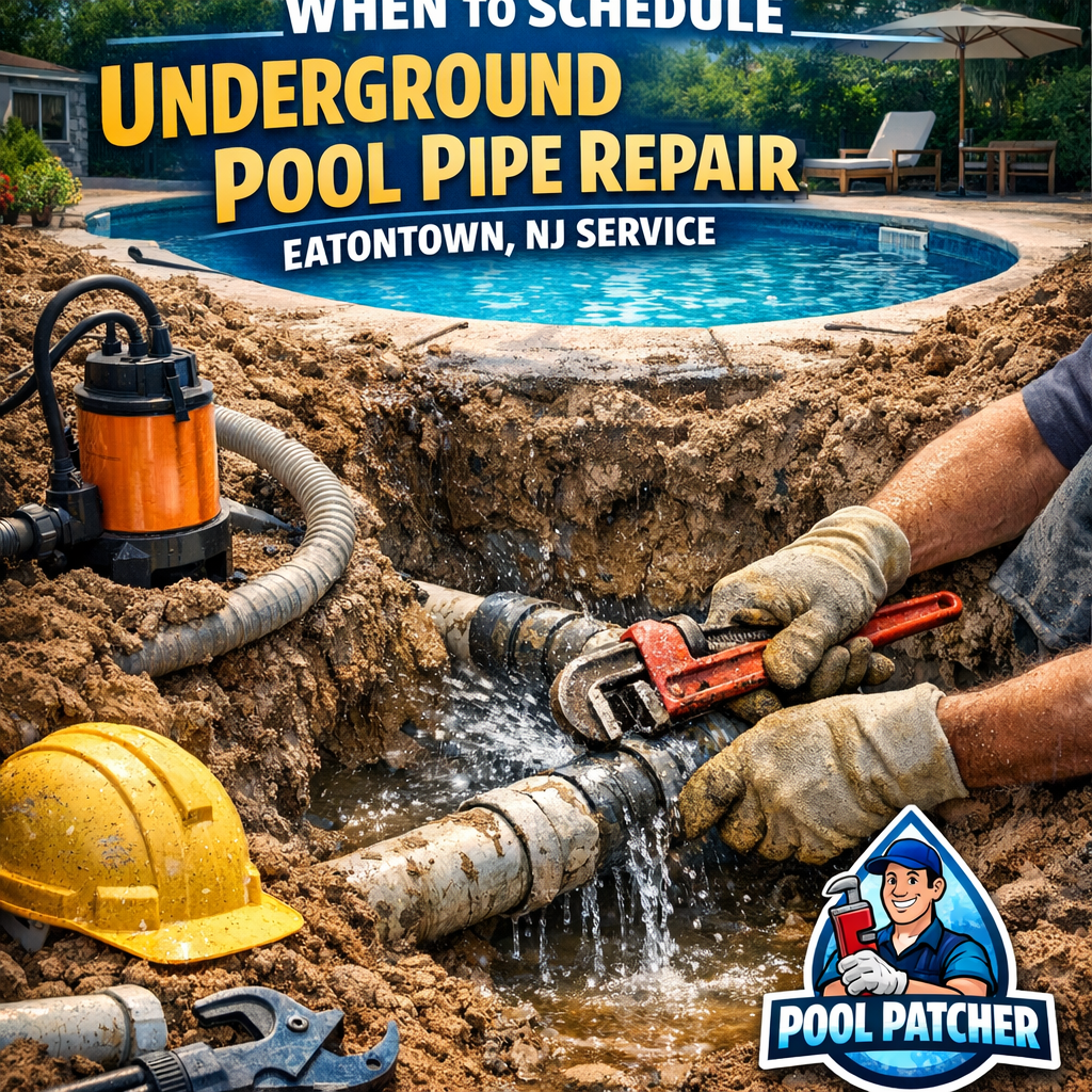 Professional plumber repairing underground pool pipe with tools and equipment in Eatontown, NJ.