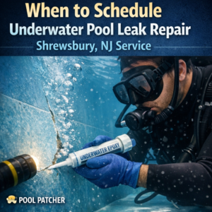 Professional diver repairing an underwater pool leak in Shrewsbury, NJ.