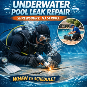 Technician repairing an underwater pool leak with tools, demonstrating expert pool leak repair in Shrewsbury, NJ.