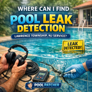 Technician inspecting a residential swimming pool in Lawrence Township, NJ for leak detection services.