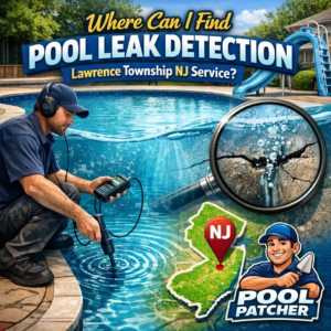 Technician inspecting a swimming pool for leaks with detection equipment in Lawrence Township, NJ.