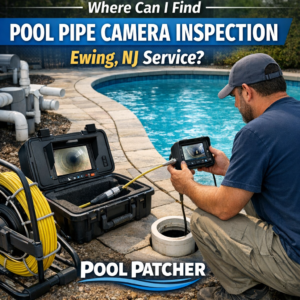 Technician performing a pool pipe camera inspection using specialized equipment in Ewing, NJ.