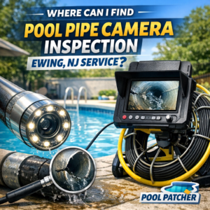 Technician performing pool pipe camera inspection using a specialized device in Ewing, NJ.