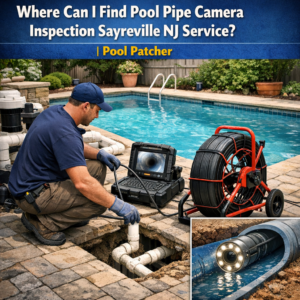 Technician conducting pool pipe camera inspection using specialized equipment in Sayreville, NJ.