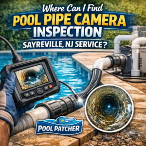 Technician using a camera to inspect pool pipes in Sayreville, NJ for Pool Patcher service.