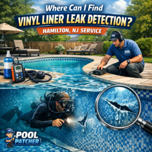 Technician inspecting a vinyl pool liner with leak detection equipment at a residential pool in Hamilton, NJ.
