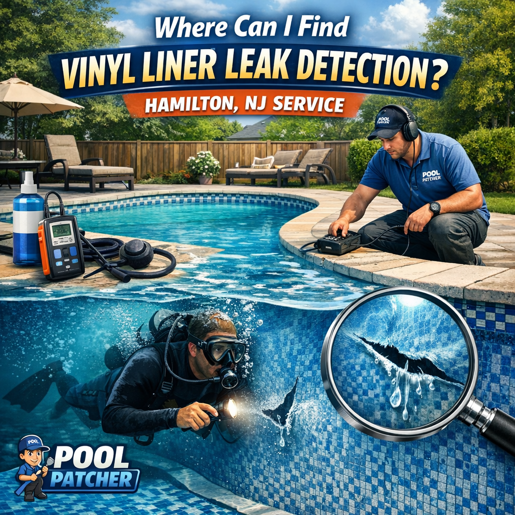 Technician inspecting a vinyl pool liner with leak detection equipment at a residential pool in Hamilton, NJ.
