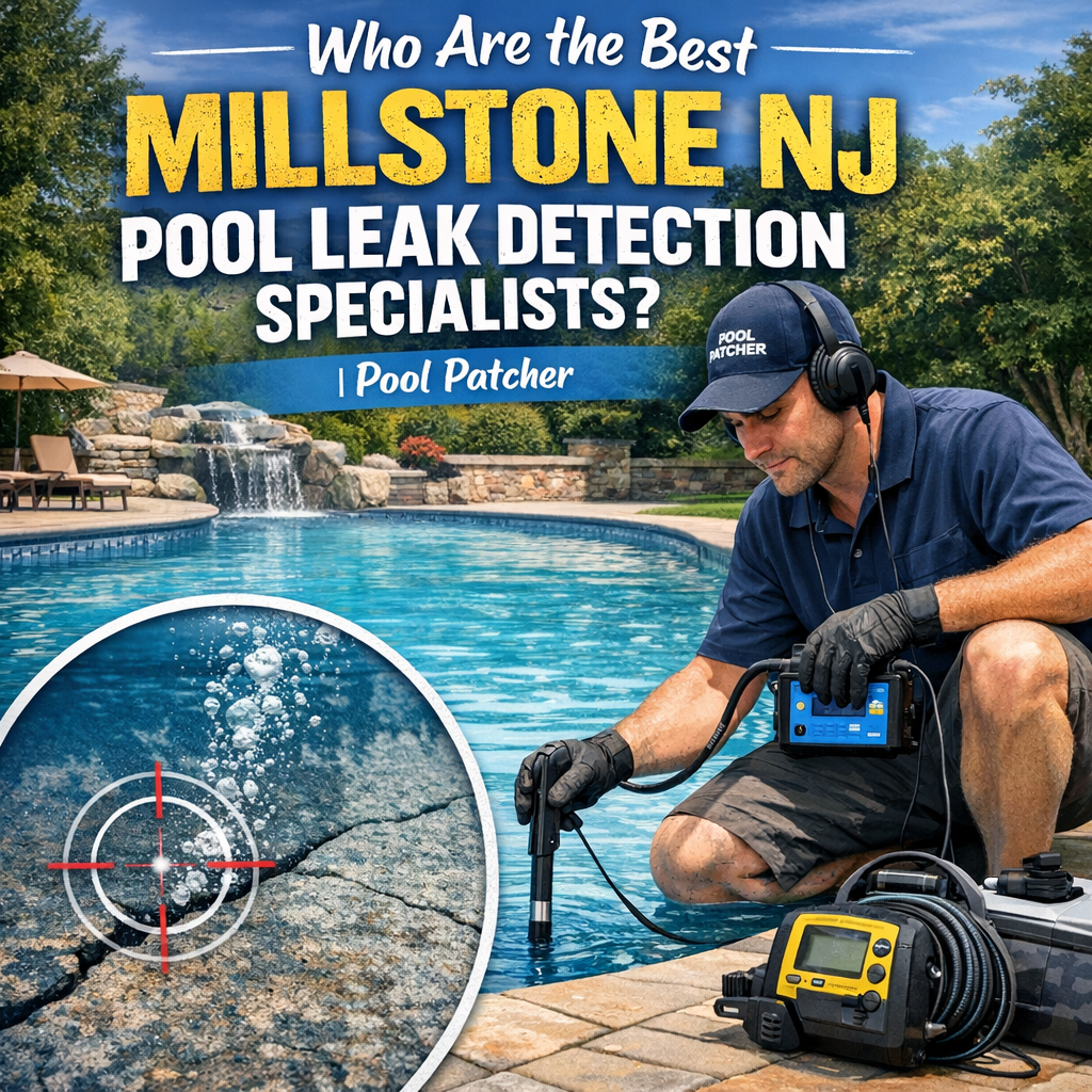 Technician using electronic equipment to detect a pool leak at a residential pool in Millstone, NJ.