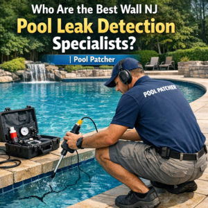 Pool leak detection specialist inspecting a backyard pool in New Jersey with leak detection equipment.