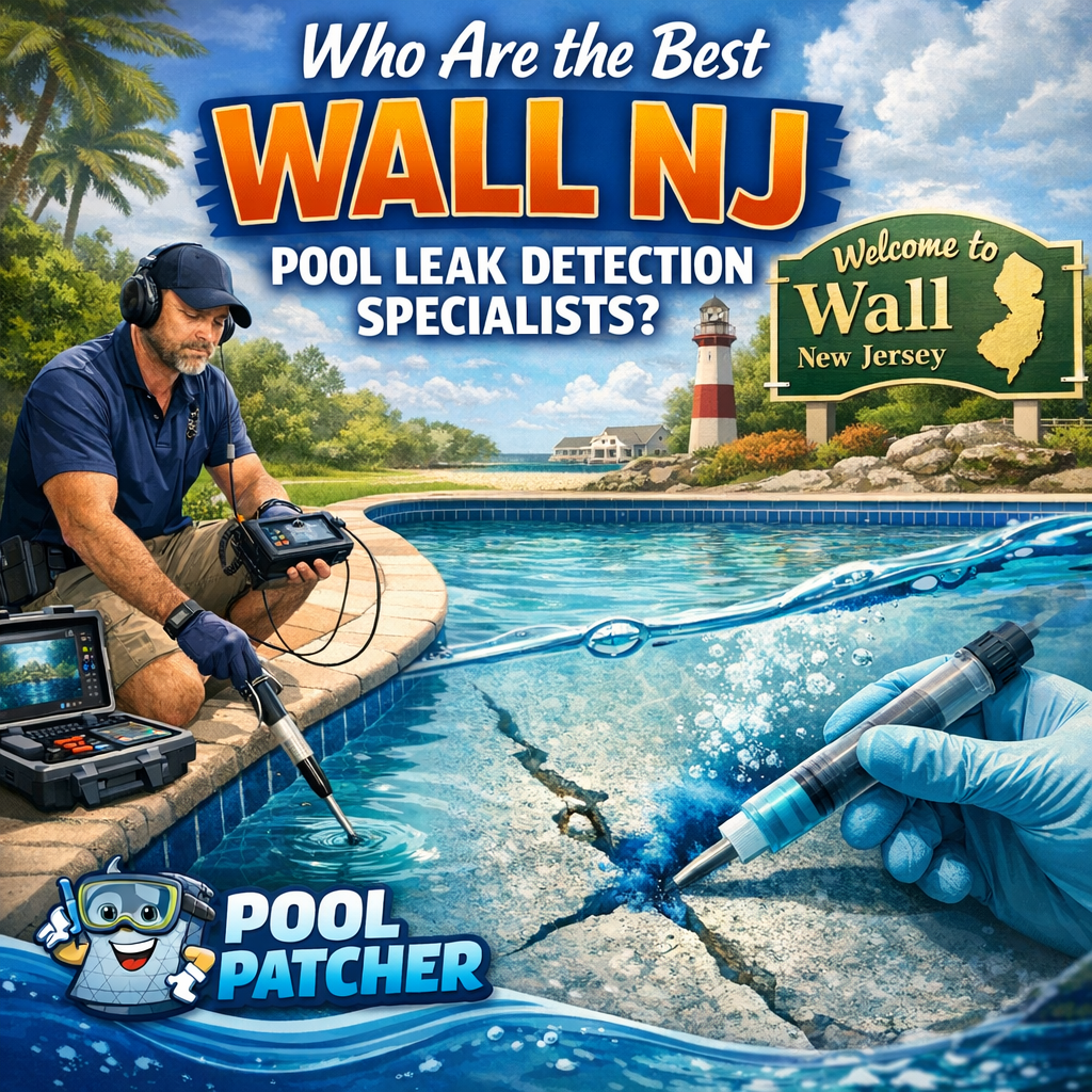 Technician using electronic equipment to detect pool leaks in a residential backyard pool in Wall, New Jersey.