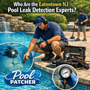 Eatontown NJ experts using advanced equipment to detect pool leaks outdoors beside a residential pool.