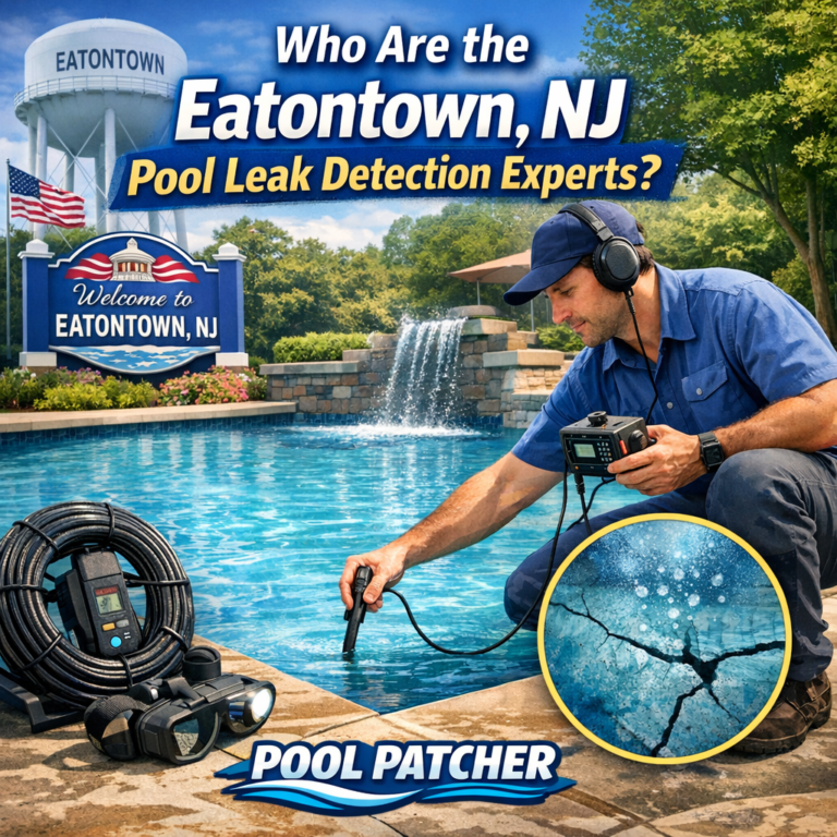 Technician using electronic equipment to detect a pool leak in a residential backyard pool in Eatontown, NJ.