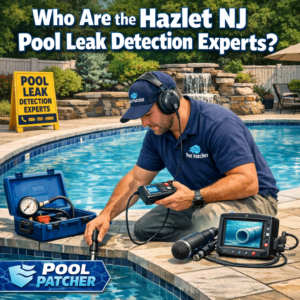Hazlet NJ pool leak detection experts using specialized equipment to find leaks around a residential pool.