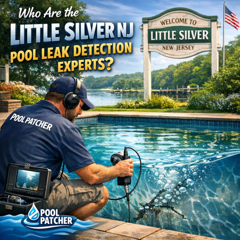Technician using advanced equipment to detect leaks in a backyard pool in Little Silver, NJ.