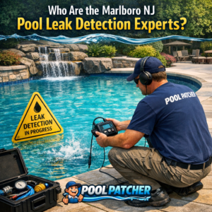 Pool leak detection experts in Marlboro NJ using advanced equipment near a backyard pool.