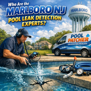 Technician using specialized equipment to detect pool leaks in Marlboro, NJ backyard pool.