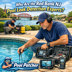 Technician using advanced equipment to detect pool leaks in a Red Bank NJ backyard pool.