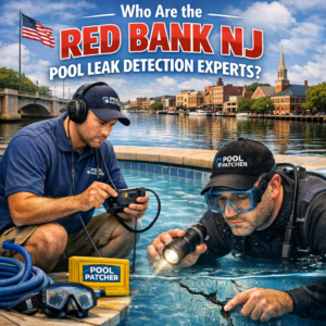 Underwater view of a pool leak detection expert inspecting a pool in Red Bank, NJ, wearing diving gear and a wetsuit.