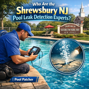 Technician using advanced equipment to detect pool leaks in Shrewsbury, NJ backyard pool.