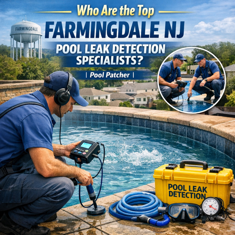 Technicians using advanced equipment to detect pool leaks at a residential property in Farmingdale, NJ.