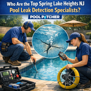 Technicians using advanced equipment to detect a pool leak outdoors in Spring Lake Heights, New Jersey.