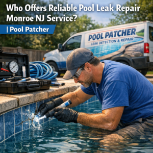 Technician using specialized equipment to detect and repair a pool leak in Monroe, NJ.