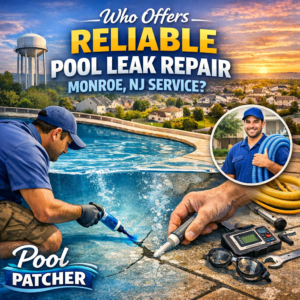 Technician repairing a pool leak with professional tools, ensuring reliable pool leak repair in Monroe, NJ.
