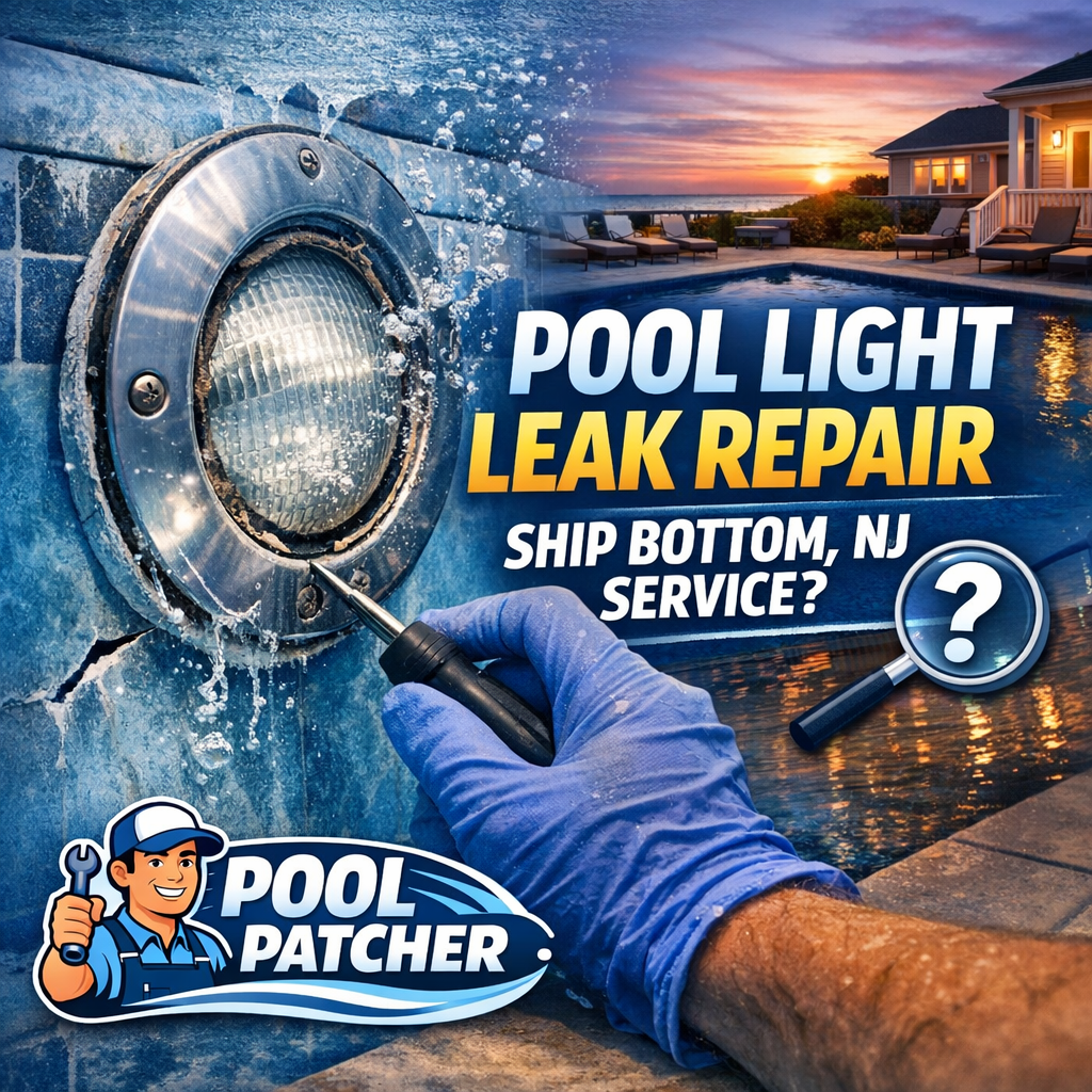 Technician repairing pool light leak with underwater tools in a residential pool in Ship Bottom, NJ.