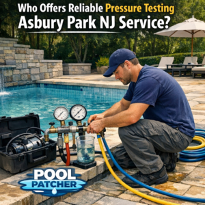 Technician performing professional pressure testing on a pool pipe in Asbury Park, NJ.